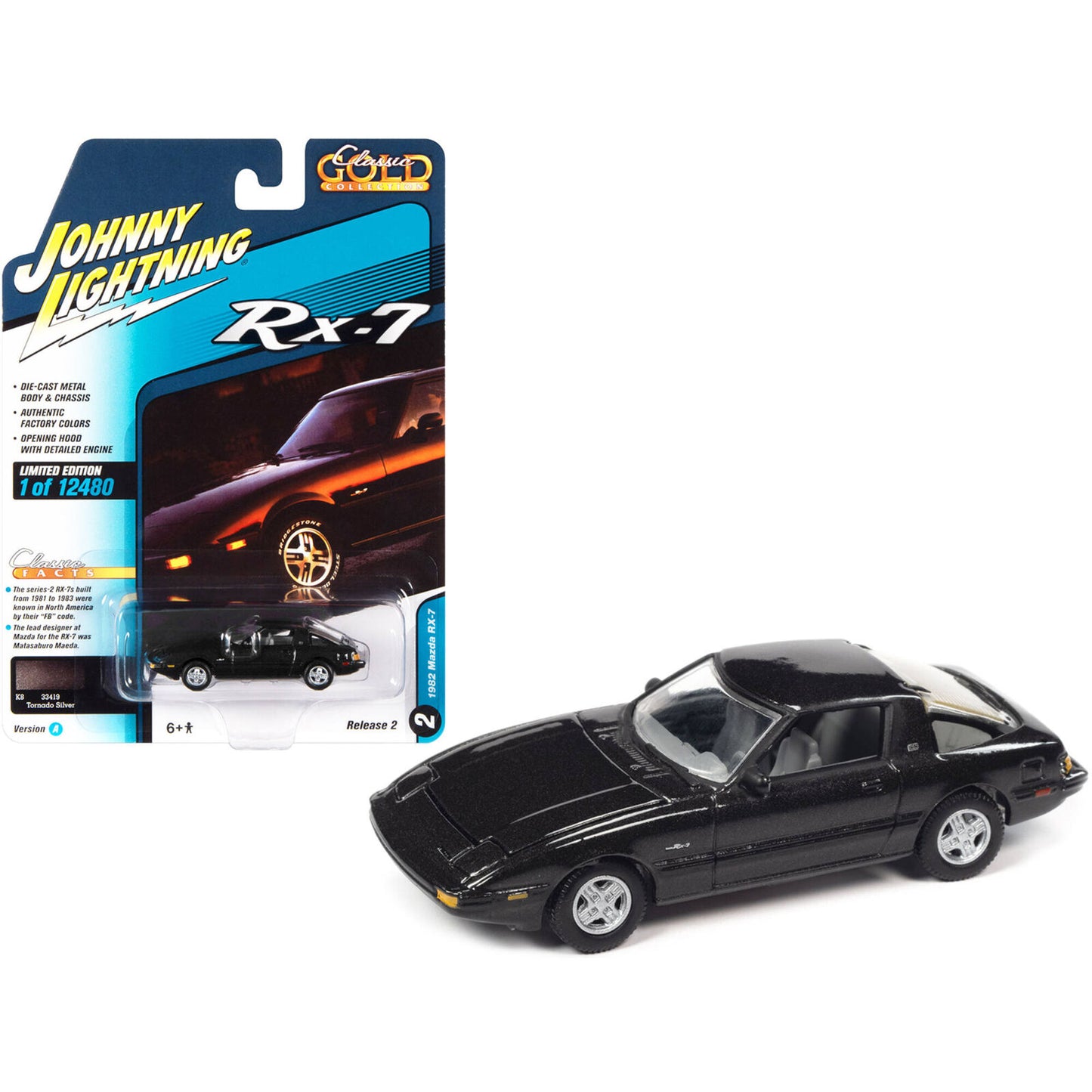 Johnny Lightning 1/64 Diecast Model Car 1982 Mazda RX-7 Tornado Silver Metallic