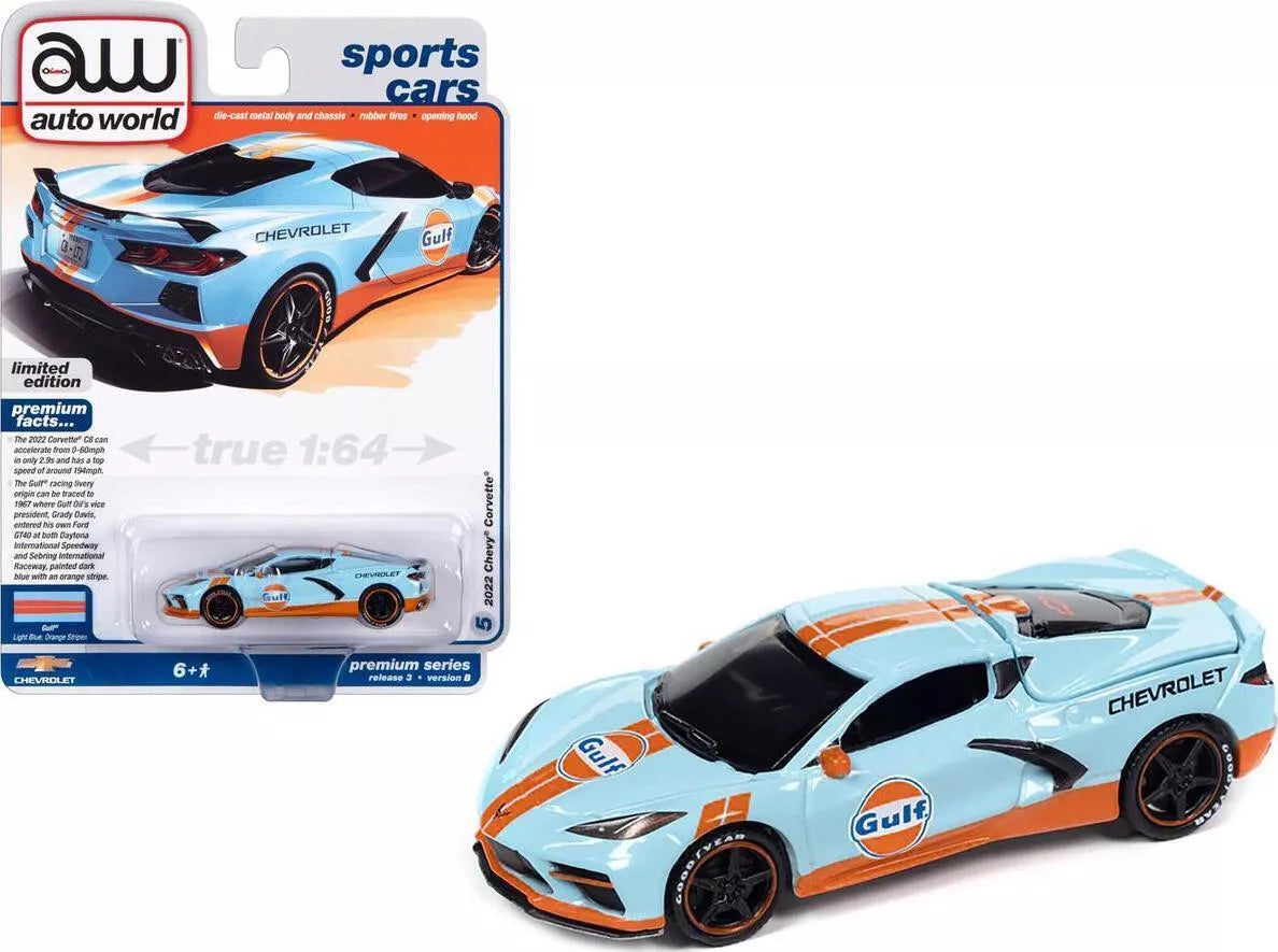 2022 CHEVROLET CORVETTE LIGHT BLUE "GULF" 1:64 MODEL CAR BY AUTO WORLD