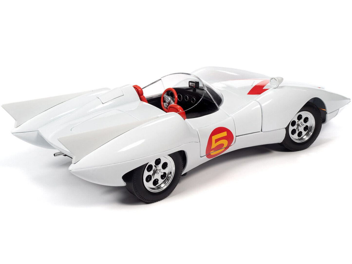 Mach 5 Five White with Chim-Chim Monkey and Speed Racer Figurines 1/18 Diecast Model Car by Auto World