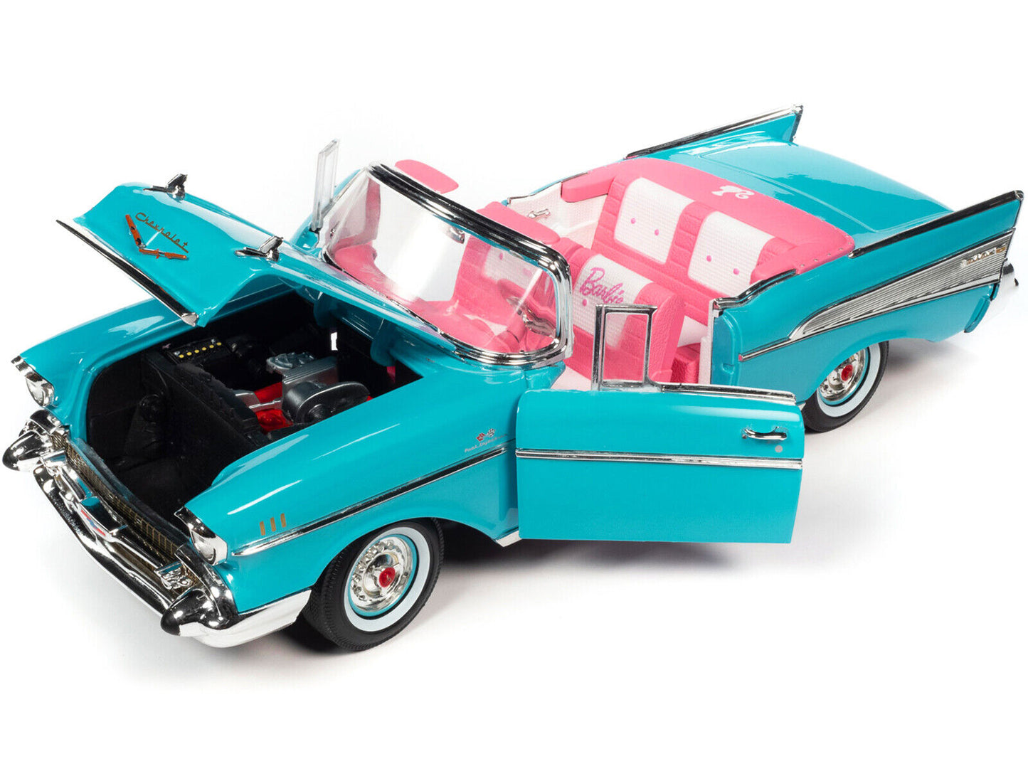 1957 Chevrolet Bel Air Convertible Aqua Blue with Pink Interior "Barbie" "Silver Screen Machines" 1/18 Diecast Model Car by Auto World