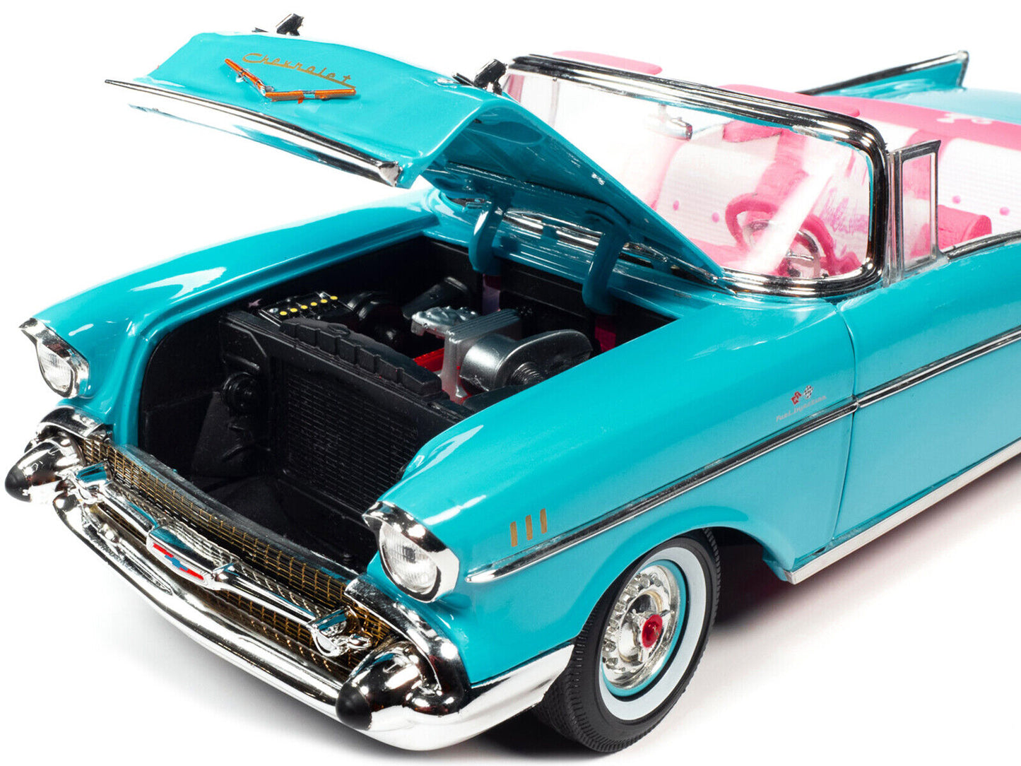 1957 Chevrolet Bel Air Convertible Aqua Blue with Pink Interior "Barbie" "Silver Screen Machines" 1/18 Diecast Model Car by Auto World