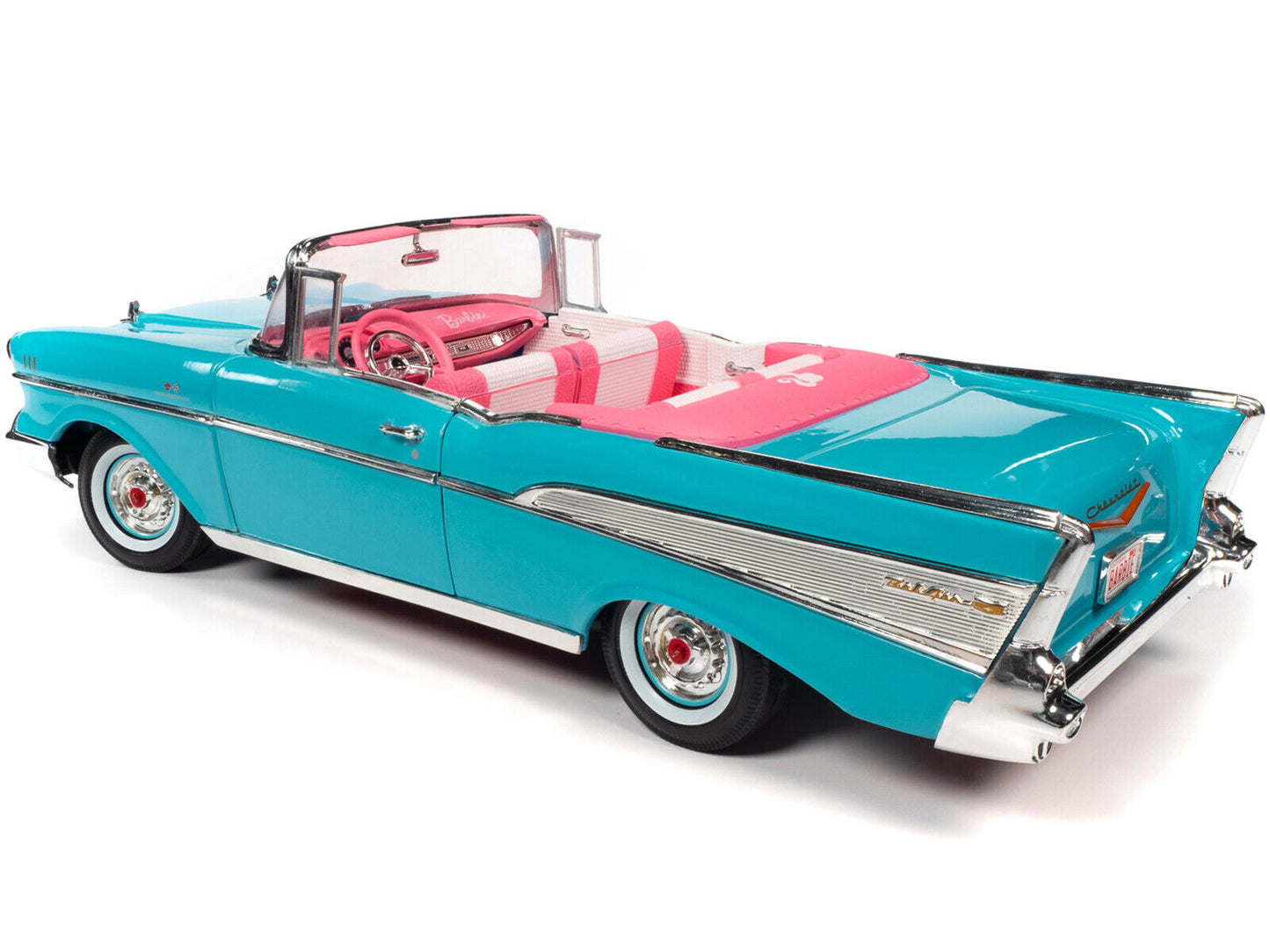 1957 Chevrolet Bel Air Convertible Aqua Blue with Pink Interior "Barbie" "Silver Screen Machines" 1/18 Diecast Model Car by Auto World