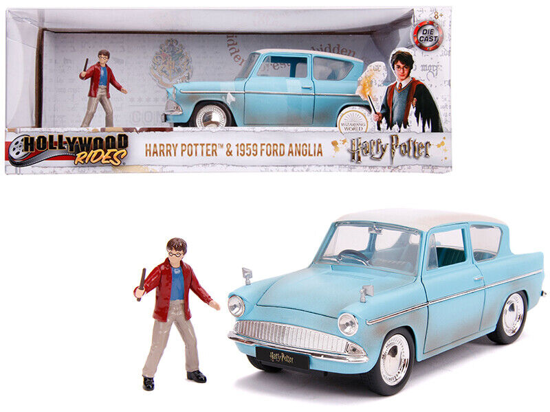 1959 Ford Anglia Light Blue Weathered w/ Harry Potter Diecast Figurine 1/24