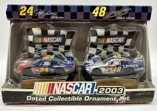 #24 JEFF GORDON AND #48 JIMMIE JOHNSON 2003 DATED 1/64 SCALE ORNAMENT SET