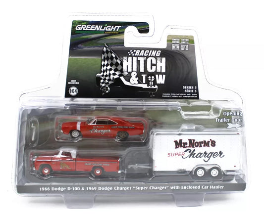 1:64 GreenLight HITCH & TOW MR NORM 1966 Dodge D100 & 1969 Charger Enclosed SET