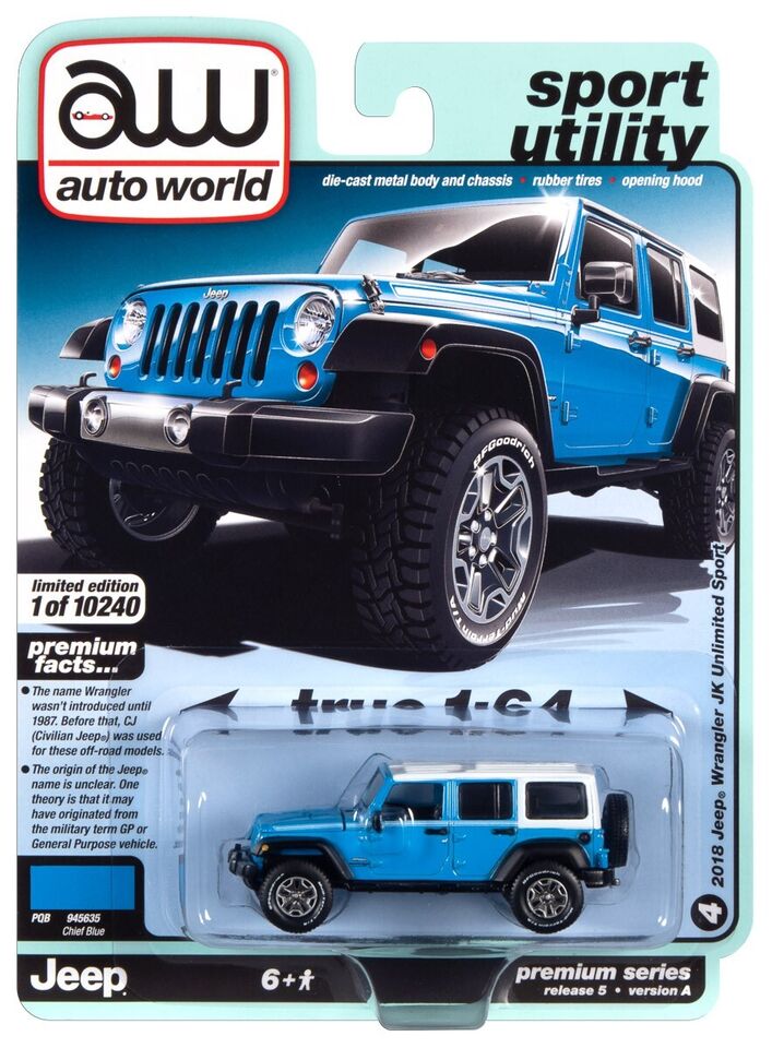 Auto World NEW 2018 Jeep Wrangler JK Unlimited Sport 1:64 Scale Diecast Car