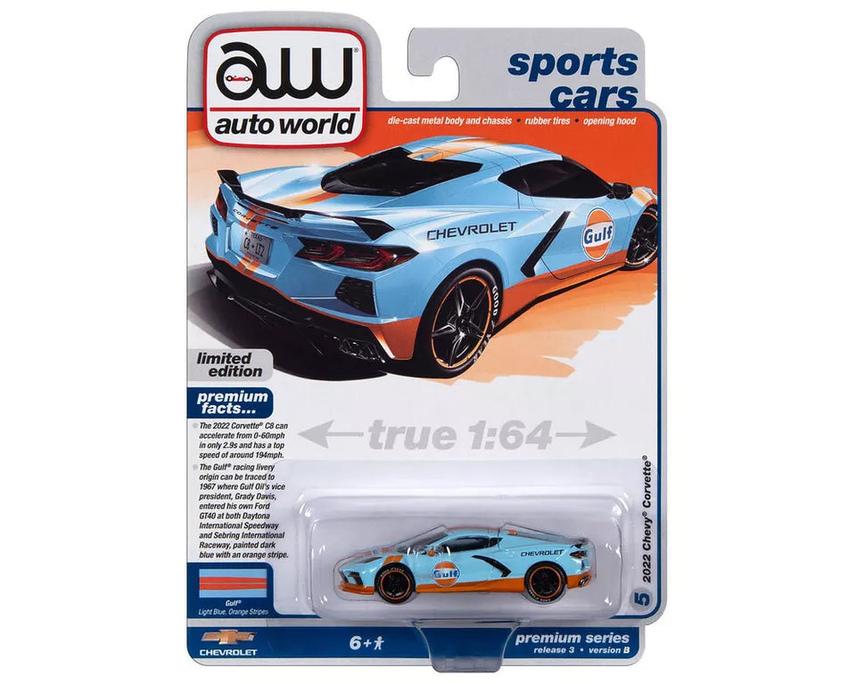 2022 CHEVROLET CORVETTE LIGHT BLUE "GULF" 1:64 MODEL CAR BY AUTO WORLD